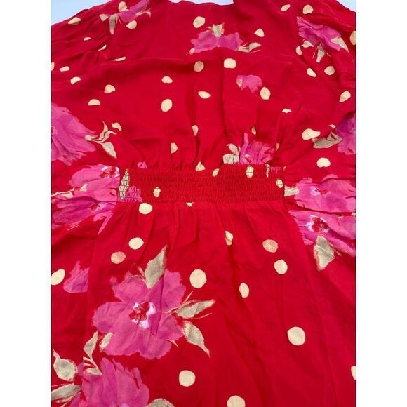 Free People Mini Dress Button Down Long Sleeves V Neck Sz XS Red w Flowers NWOT - Picture 5 of 13
